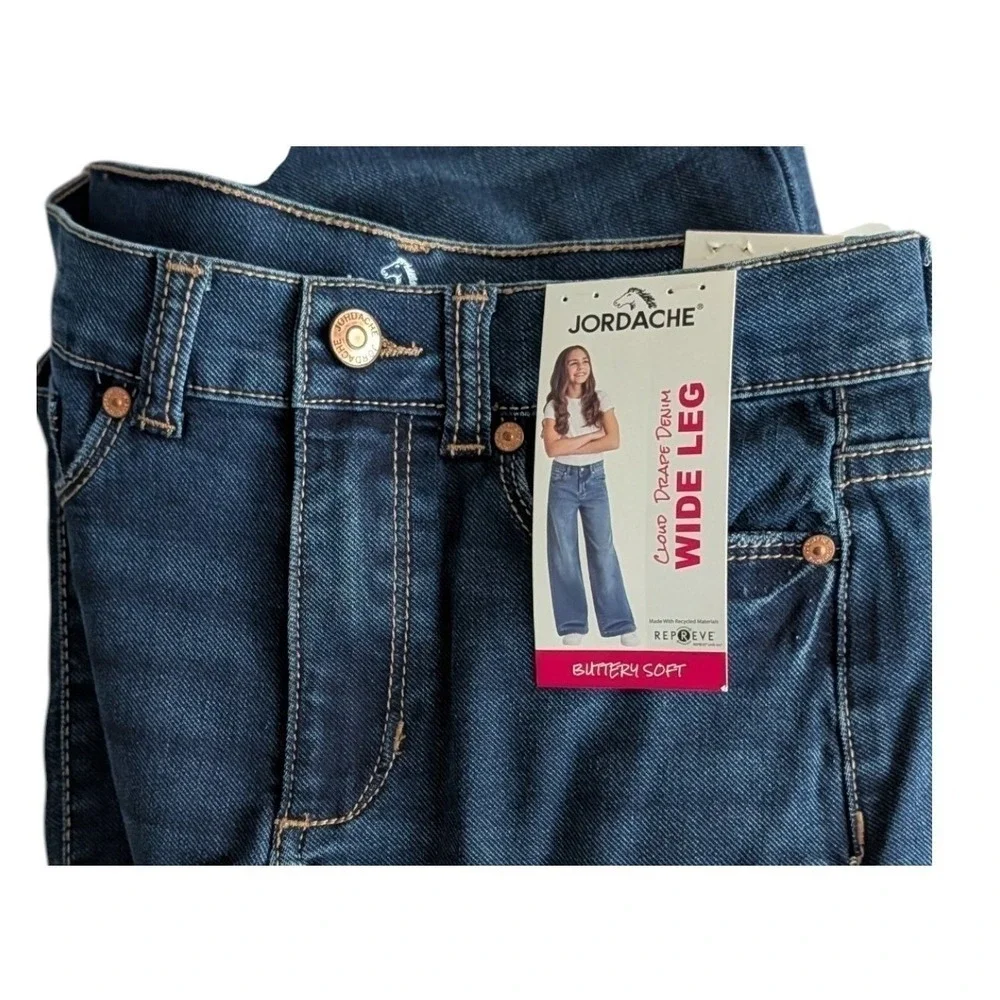 Jordache Girls Cloud Drape Denim Wide Leg Jeans Adjustable Waist Size 6 Dark